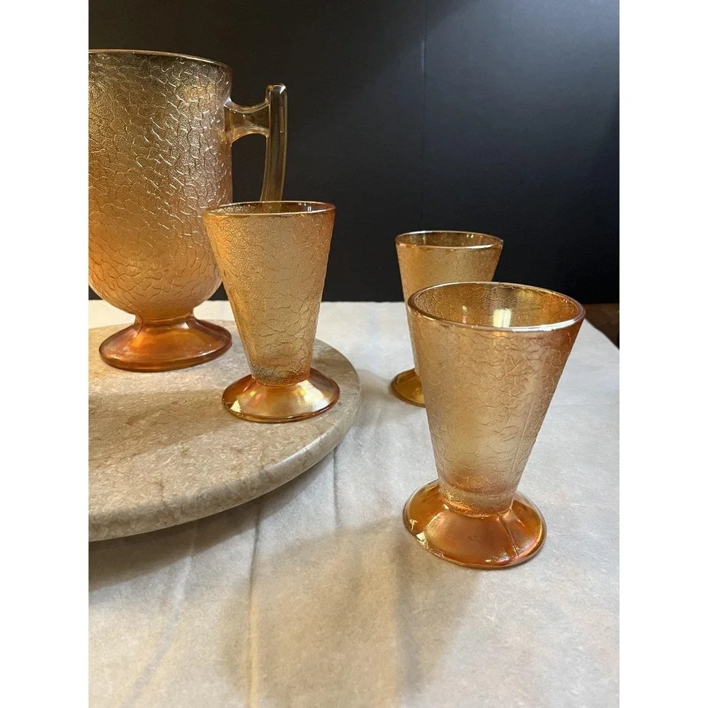 Beautiful Marigold 1930's Crackle Jeanette Glass Pitcher W/ 6 Footed Tumblers